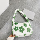 Women Plush Fur Flower Pattern Handbag Casual Mini Zipper Underarm Bag