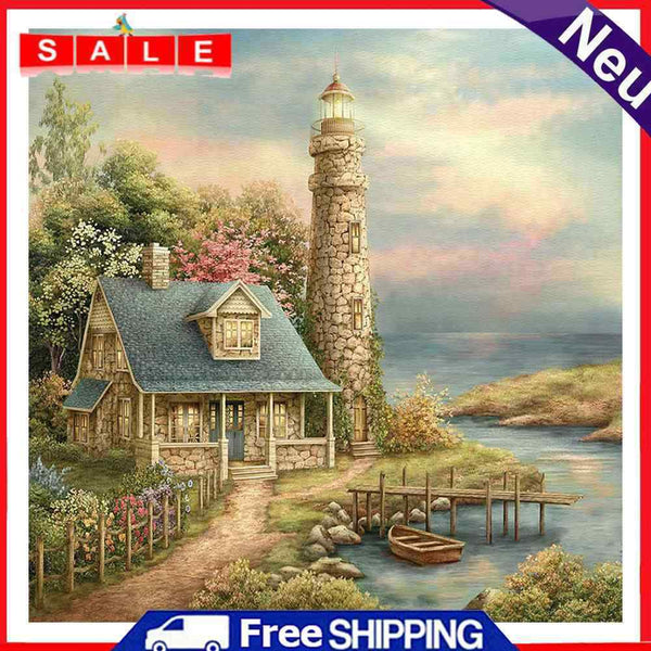 DIY Paint By Number Kit Frameless Seaside Villa House Handpainted Wall Decor