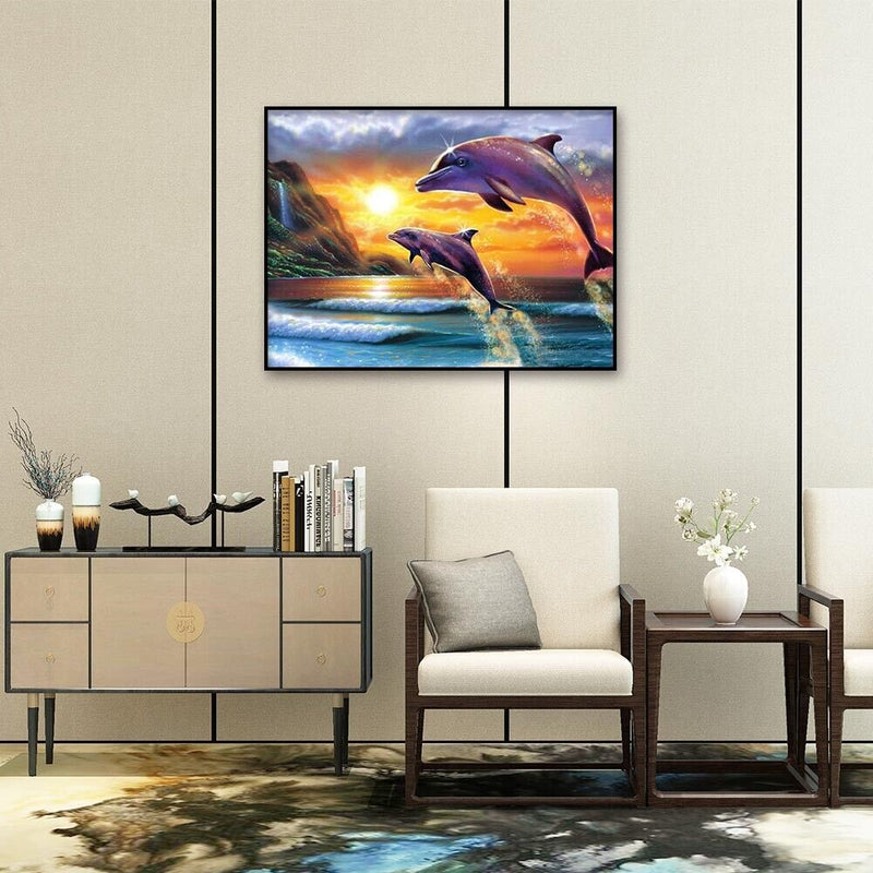 16x12 inch Full Round Diamond Painting Sunset Dolphin Mosaic Rhinestone Picture