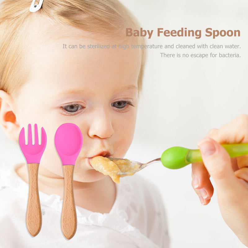 Baby Wooden Silicone Feeding Spoon Toddlers BPA-free Tableware (8) Newly