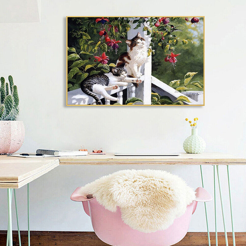 Frameless Oil Painting Picture By Number Cats On the Railing Hand Painted Craft