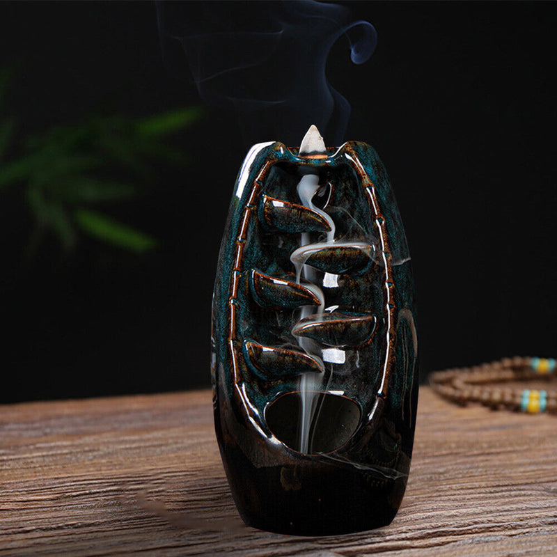 Incense Holder Ceramic Backflow Waterfall Incense Burner with 50 Cones (C) Newly