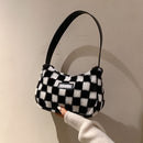 Women Retro Checker Print Shoulder Bag Autumn Winter Casual Plush Small Handbags