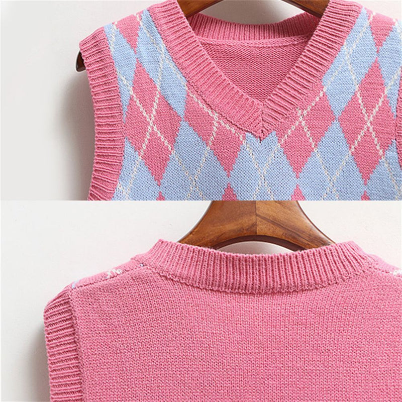 Y2K Preppy Style V Neck Knitwear top Plaid Knitted Sweater Vest Sleeveless
