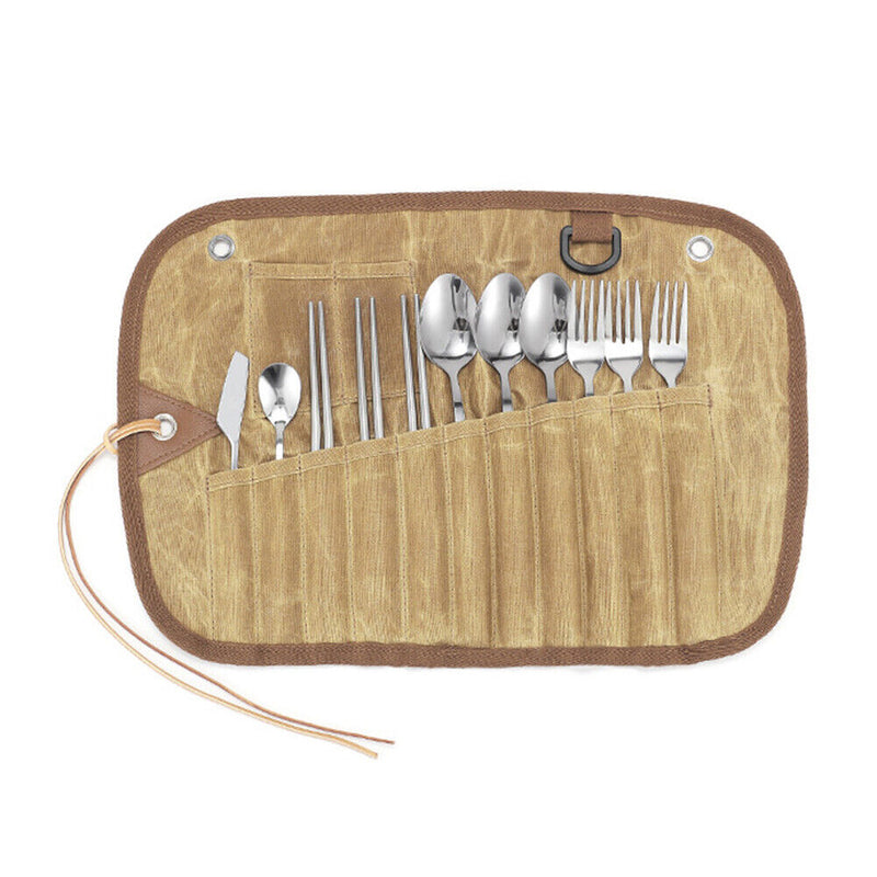 12pcs Camping Tableware Storage Bag Cutlery Organizer Roll BBQ Picnic Carry Case