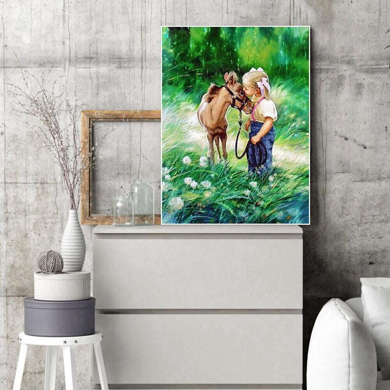 5D Round Diamond Painting Cross Stitch Donkey and Girl Full Drill Home Decor