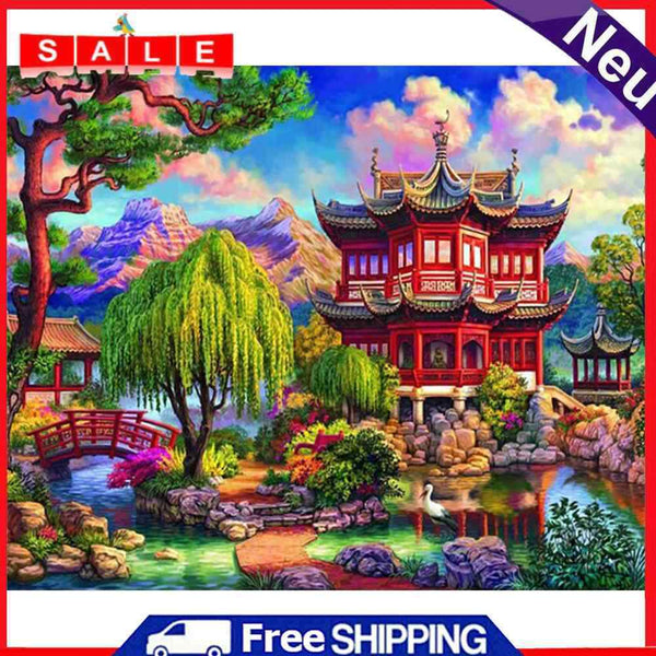 Oil Paint By Numbers Kit Building Backyard on Canvas DIY Wall Art Handicraft