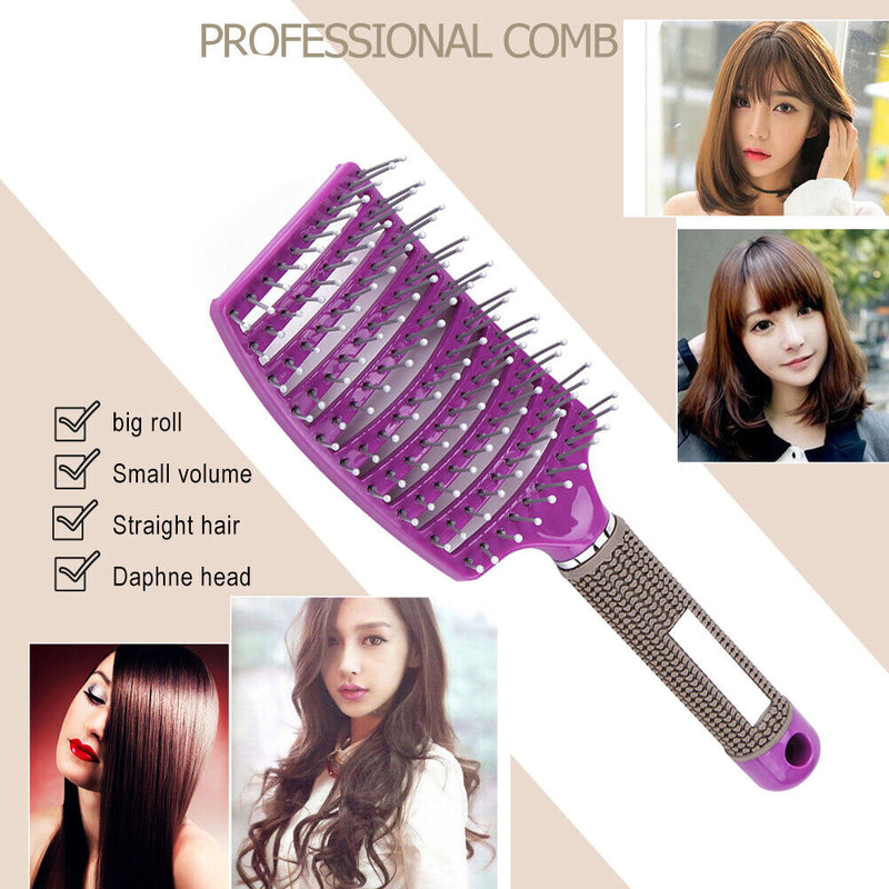 Portable Curved Ribs Scalp Massage Comb Fluffy Styling Brush (A Purple)