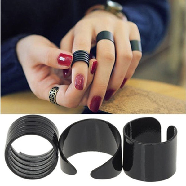 Women Gothic Jewelry Band Midi Above Knuckle Ring Set Punk Black Stack Plain