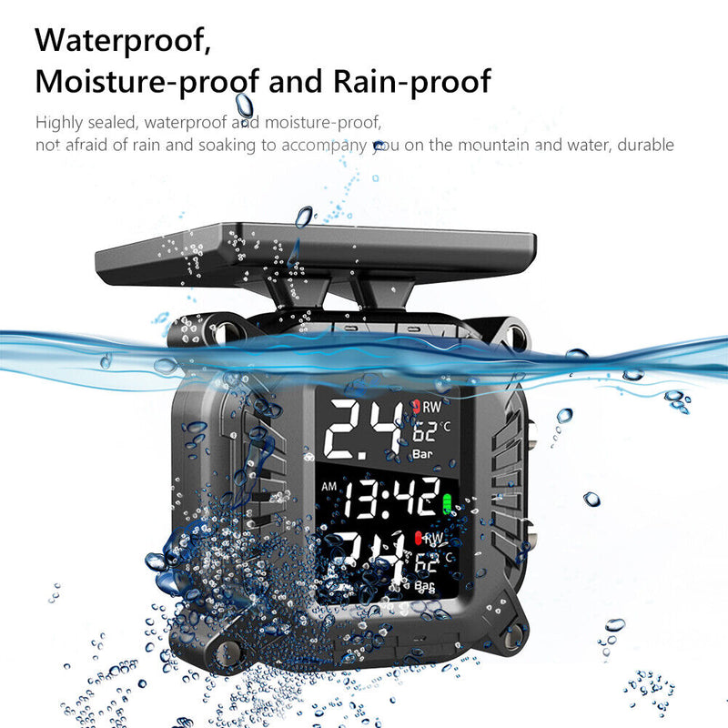 Solar LCD Motorcycle TPMS External Sensor Tire Pressure Monitoring Alarm System