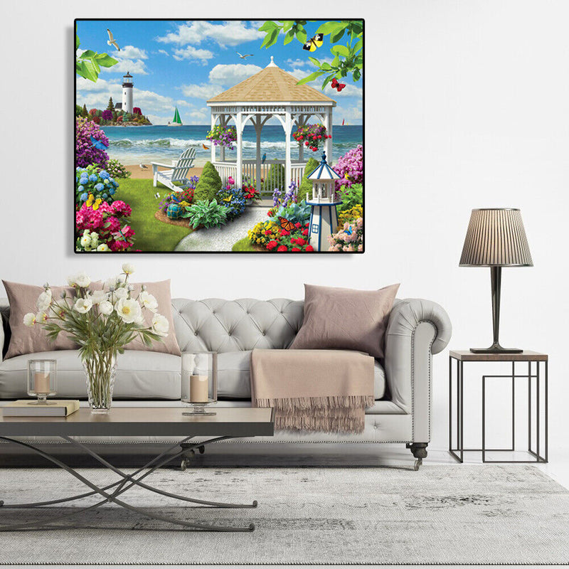 Painting By Numbers Kit DIY Seaside Pavilion Canvas Oil Art Picture Craft