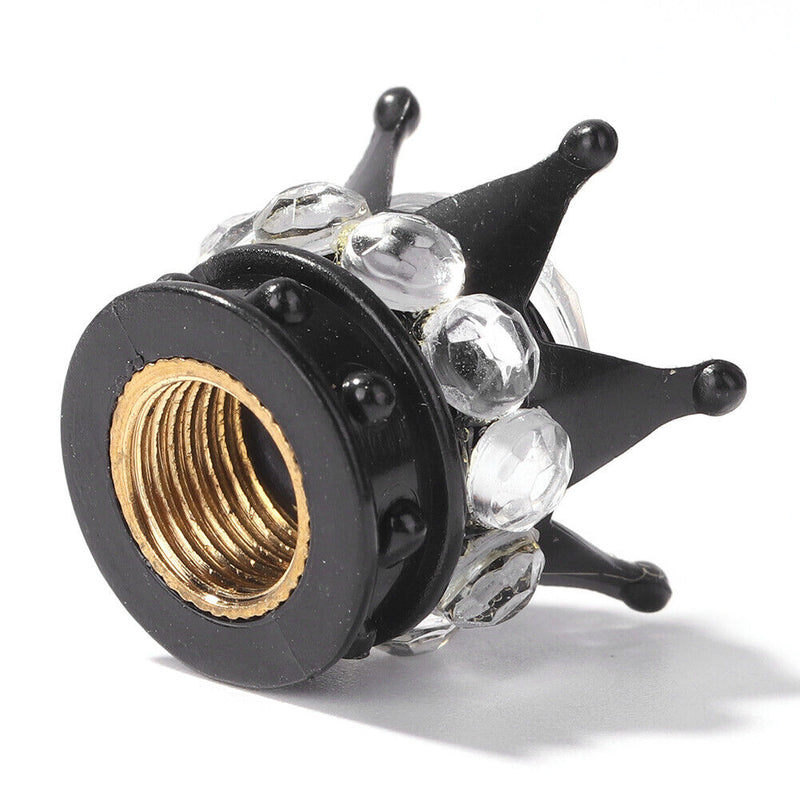 4pcs Auto Car Bling Rhinestone Black Crown Wheel Tire Valve Caps (White) Newly