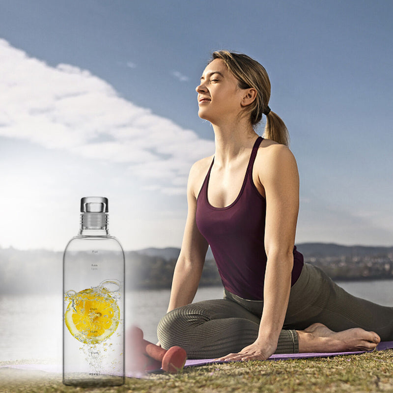 Motivational Glass Water Bottle Time Marker & Leakproof Design (750ml) Newly