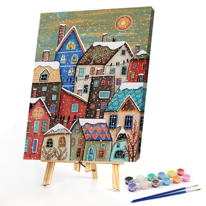 Snow Village Oil Painting By Numbers DIY Frameless Art Picture On Canvas