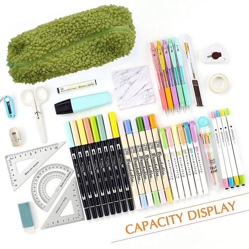 Stationery Storage Plush Pen Case Student School Cosmetic Organizer (Green)