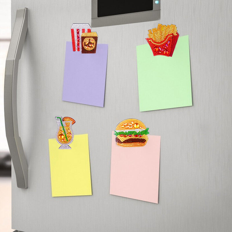 4pcs DIY Full Drill Diamond Burger Fries Food Embroidery Fridge Magnets