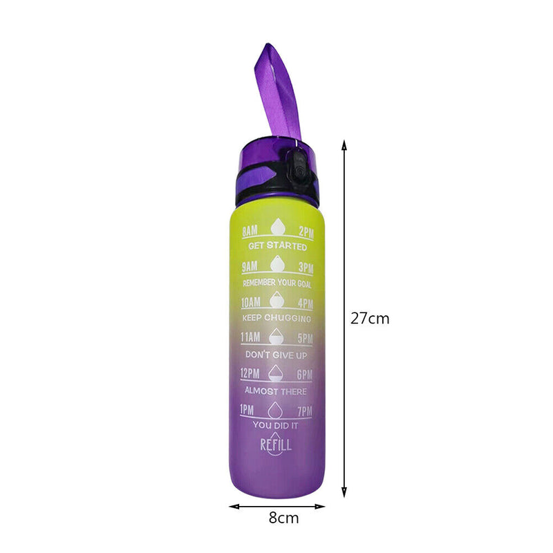 1000ml Sports Water Bottle Time Marker Outdoor Portable Cups (Purple Lid) Newly
