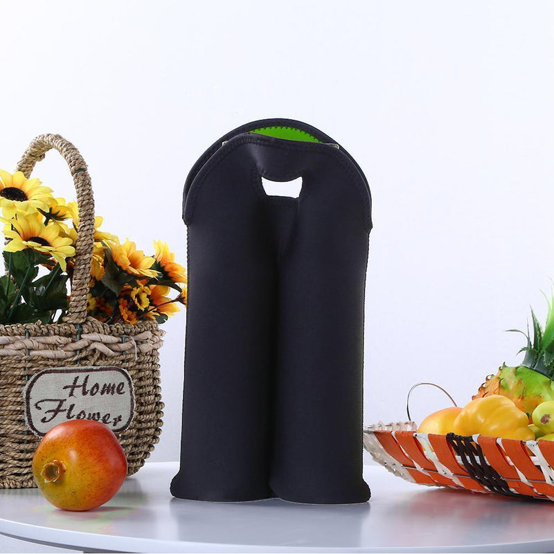 2 Bottles Neoprene Cooler Wine-bottle Bag Protective Cover (Green+Black)