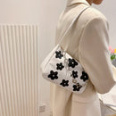 Women Chain Underarm Shoulder Bag Canvas Flower Print Handbags Tote (Black)