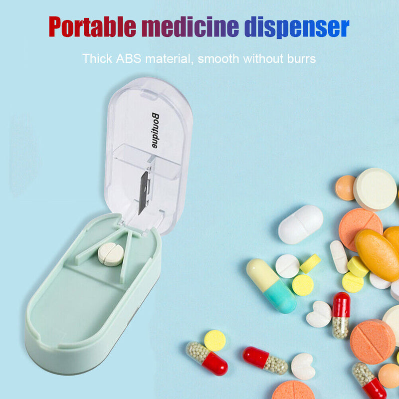 Portable Medicine Organizer Case Rectangular Pill Cutter Storage Box Containe