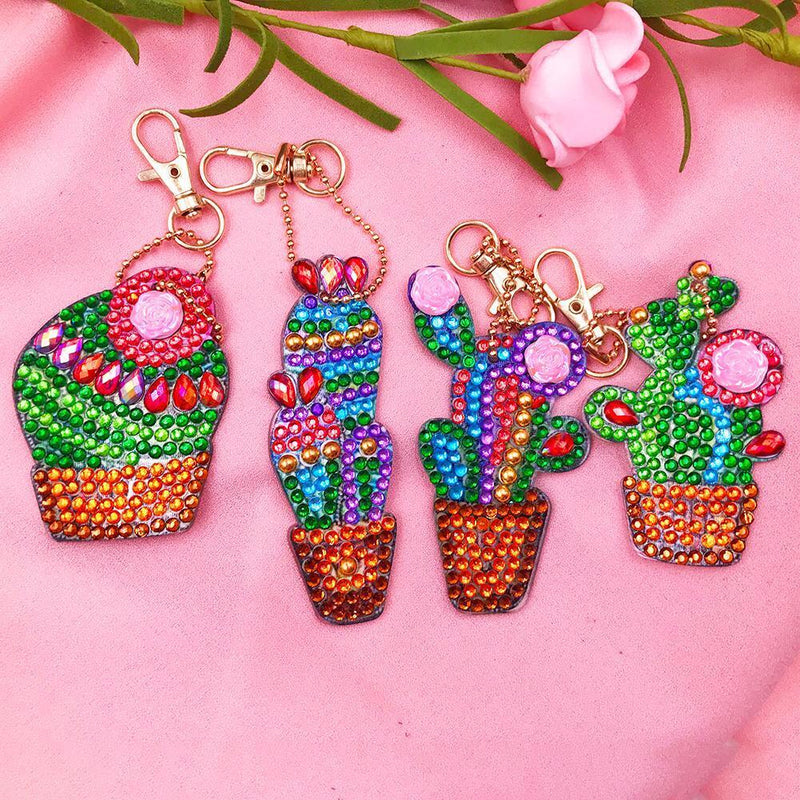 4pcs DIY Full Drill Diamond Painting Keychain Special Shaped Cactus Bag Keyring