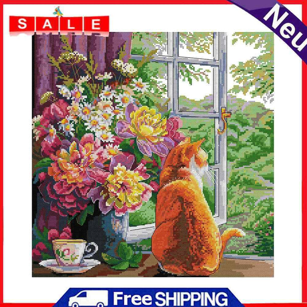 Partial Embroidery 14CT DIY Cat Flowers 2 Strands Kit Stamped Cross Stitch Craft