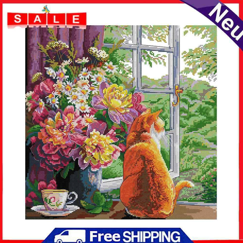 Partial Embroidery 14CT DIY Cat Flowers 2 Strands Kit Stamped Cross Stitch Craft