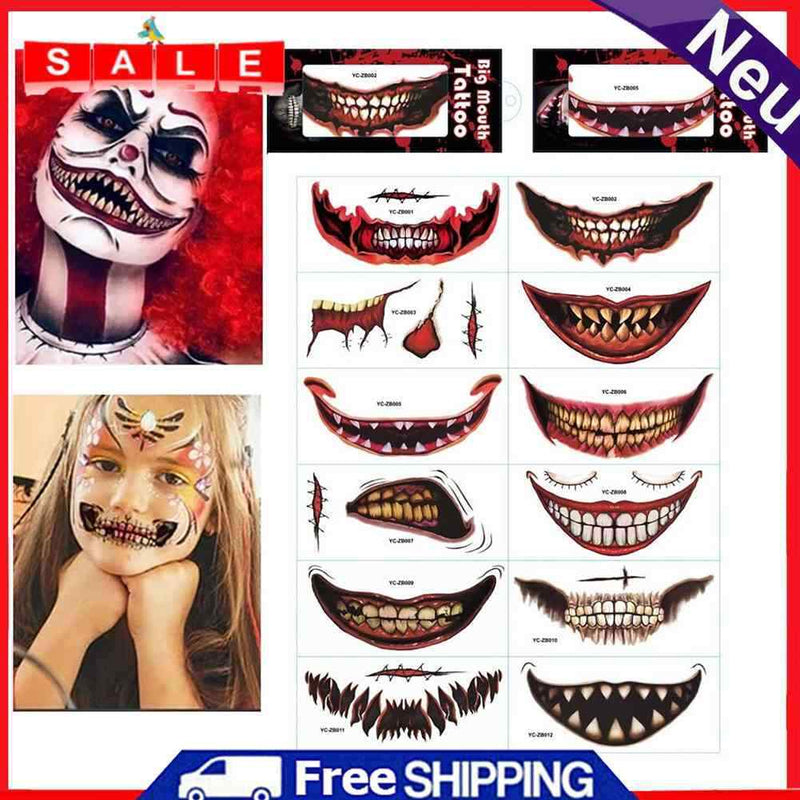 Halloween Clown Mouth Tattoos Removable 12 Piece for Costume Parties Role Plays
