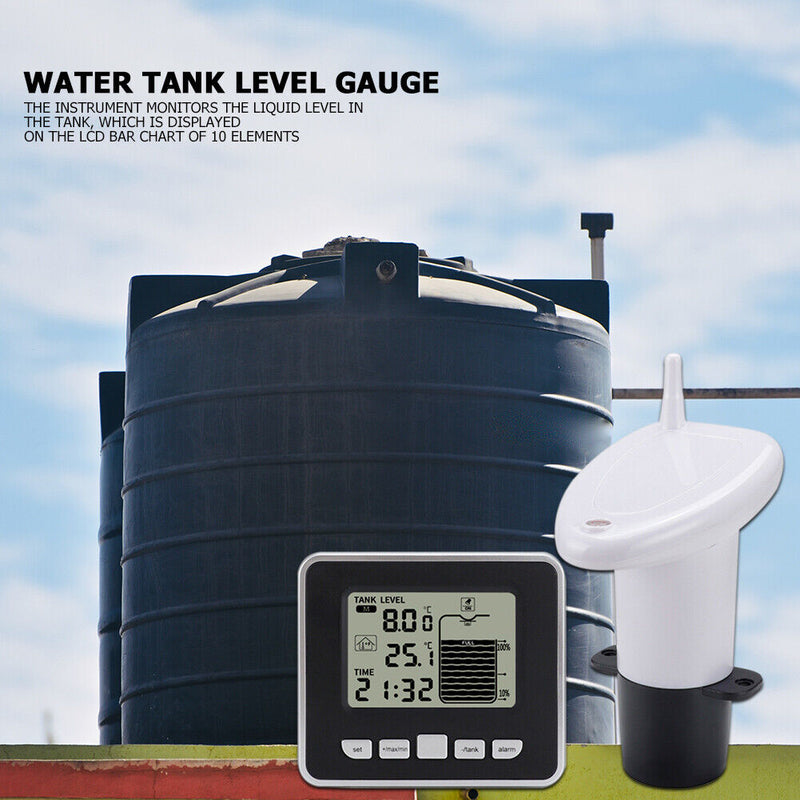 Ultrasonic Wireless Water Tank Liquid Depth Level Meter w/Temperature Display