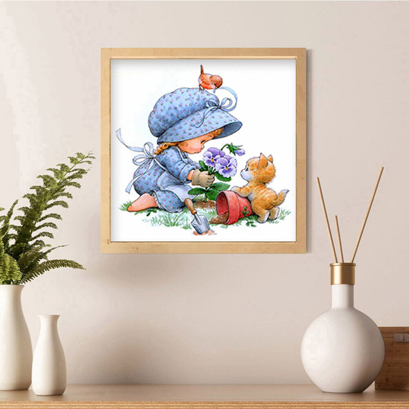 Handmade Painting Girl Flower Cat Art Mosaic Kit Diamond DIY 5D Round Full Drill