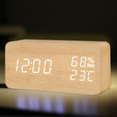 Alarm Clock LED Wooden Watch Table Voice Control Digital Wood Electronic Desktop