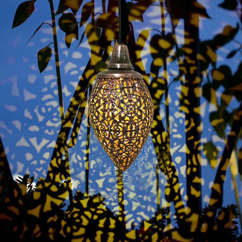 Metallic LED Solar Light Hollow Lantern Hanging Lamps Outdoor Garden Decoration