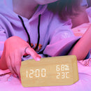 Alarm Clock LED Wooden Watch Table Voice Control Digital Wood Electronic Desktop