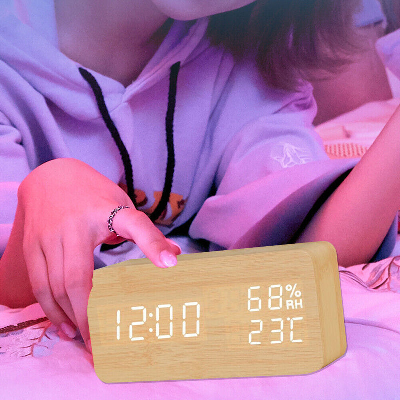 Alarm Clock LED Wooden Watch Table Voice Control Digital Wood Electronic Desktop