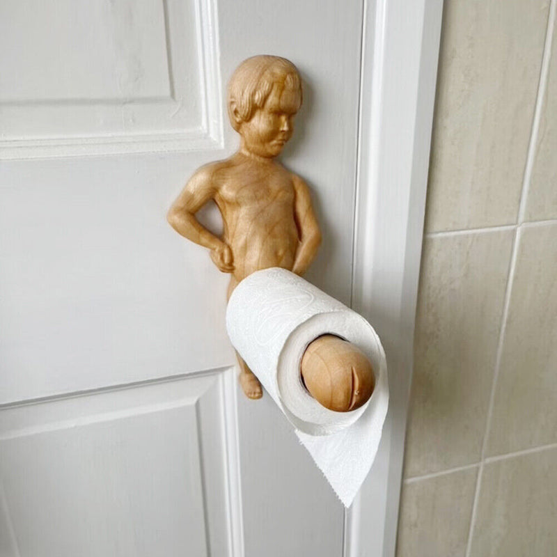 Creative Toilet Paper Roll Holder Statue Funny Wood Boy Shape Tissue Towel Stand