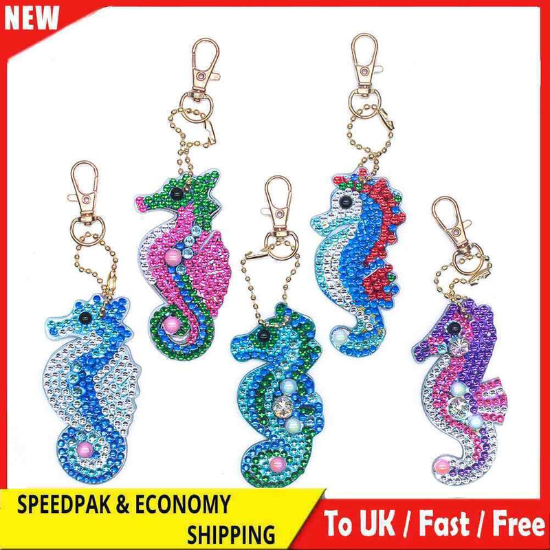 5pcs DIY Full Drill Special Shaped Diamond Painting Seahorse Key Ring Embroidery