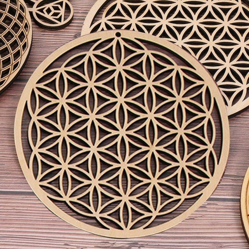 Wooden Wall Sign Flower of Life Shape Flower Of Life Energy Mat Slice Wood Base