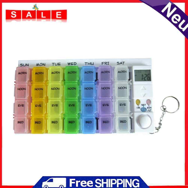 28 Grids Timer Medicine Box Pill Case LED Reminder Weekly Tablet Dispenser Clock