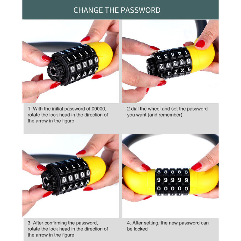5-Digit Bike Combination Locks Scooter Wire Lock (Black+Yellow 17.2x400mm) Newly