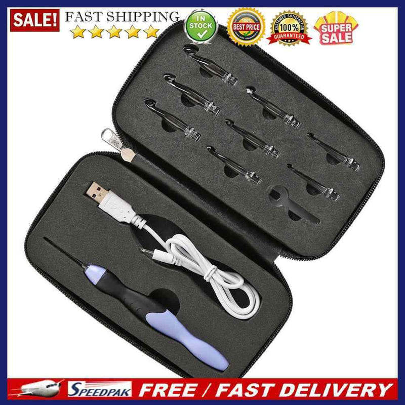 9 in 1 USB Light Up Crochet Hooks Knitting Needles LED Sewing Kit (Black)