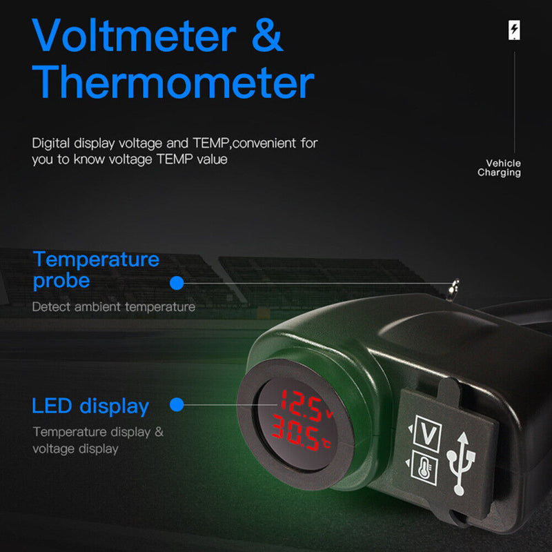 Dual USB Charger Motorcycle Handlebar Power Adapter with Voltmeter Thermome