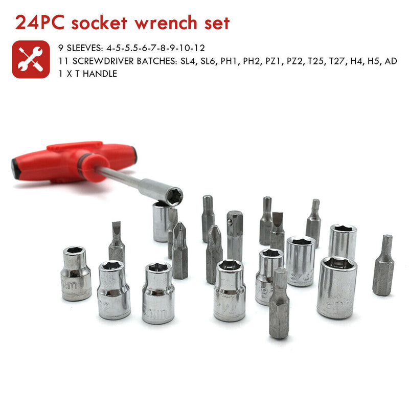 24pcs T-Handle Screwdriver Set Bits with Hex Head Drill Head Kit w/Sockets Newly