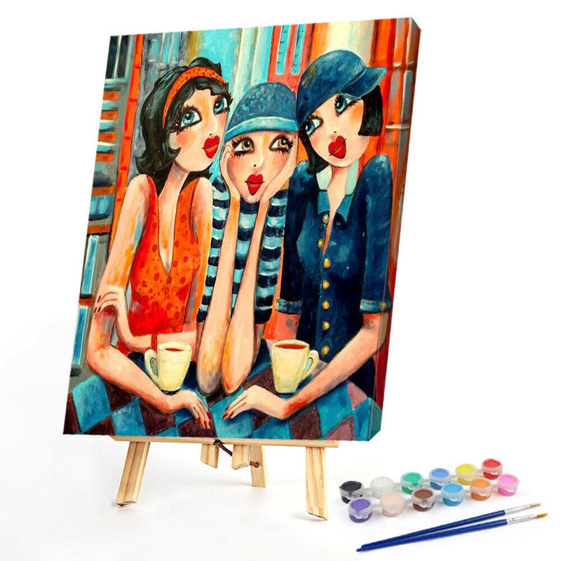 3 Fashion Sisters Hand Painted Picture DIY Kit Oil Paint By Numbers Set No Frame