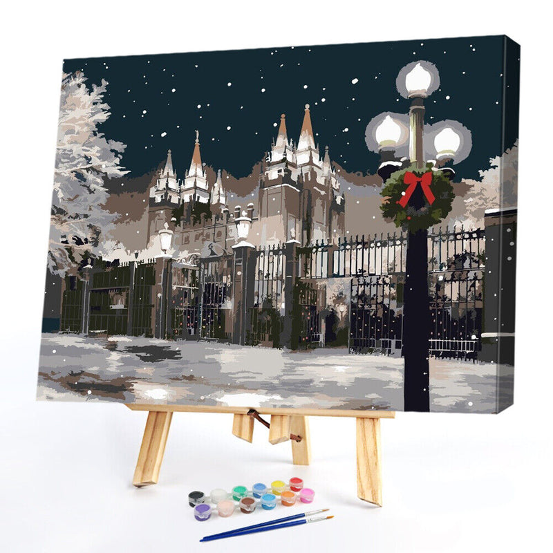Hand Painted on Canvas DIY Castle in Snow Oil Paint By Numbers Drawing Kit Craft