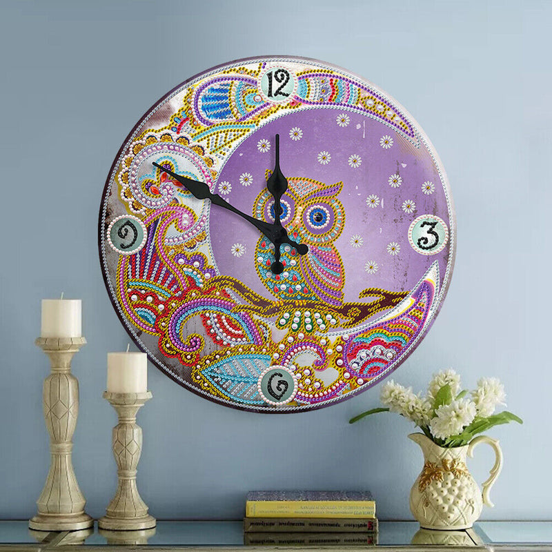 30 x 30cm Metal Tin Diamond Painting Clock DIY Owl Rhinestone Picture Wall Decor