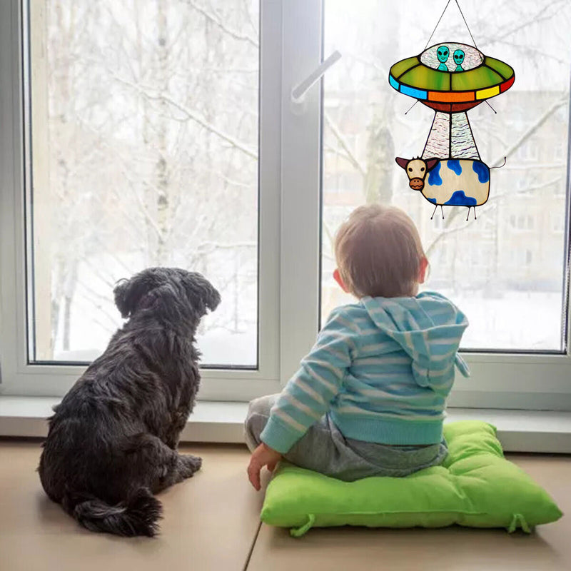 UFO Alien Cow Sign, Window Hanging Suncatcher, Cute Ornaments for Kids Bedroom
