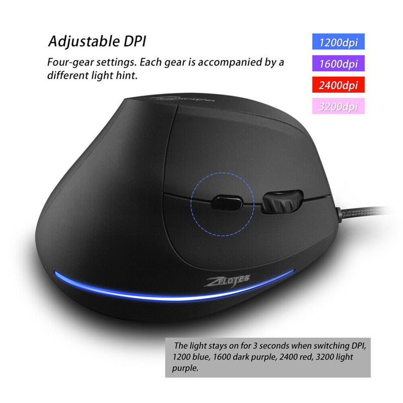 ZELOTES T20 Wired Vertical Optical Mouse 6 Buttons Gaming Mice for PC Computer