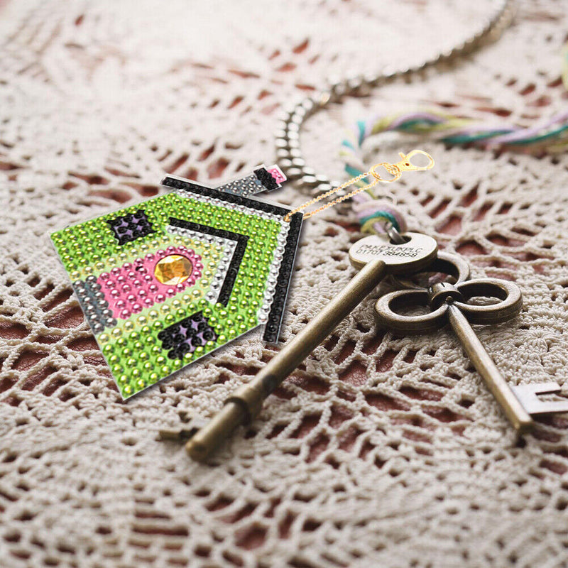 Mini Diamond Painting Four Houses Cross Stitch Mosaic Kit Key Ring Bag Decor
