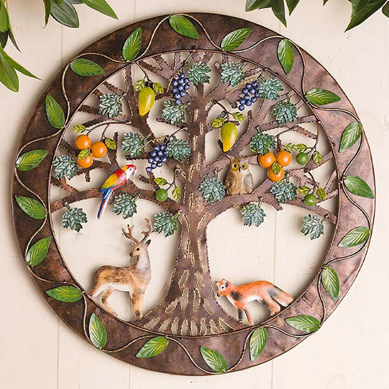 Iron Wall Sculptures-Metal Round Wall Decor with Tree Deer Fox Home Decor Newly