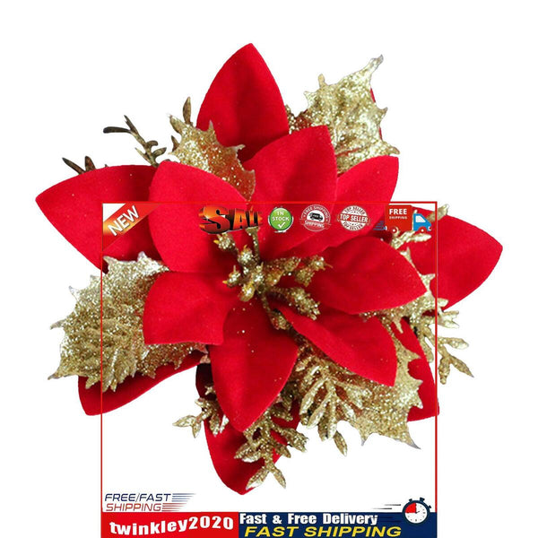 Christmas Trees Decor Glitter Artificial Poinsettia Bush Wreath (Red) Newly